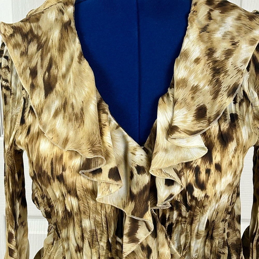 Allison Taylor Animal Print‎ Ruffle Wrap Blouse Top XL Brown Tan Leopard Cheetah